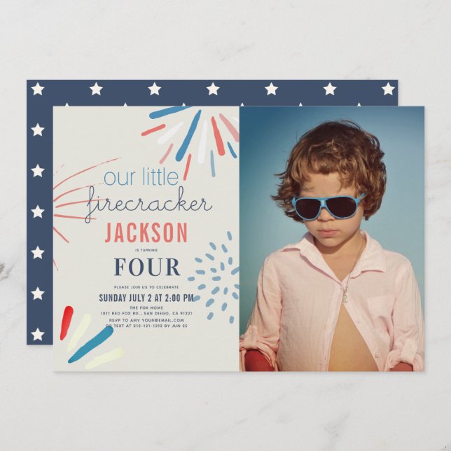 Firecracker July 4th Fireworks Photo Birthday Invitation (Front/Back)
