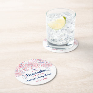 Firecracker On The Way! 4th Of July Baby Round Paper Coaster