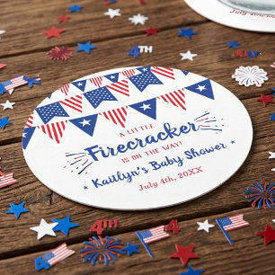 Firecracker On The Way! 4th Of July Baby Round Paper Coaster