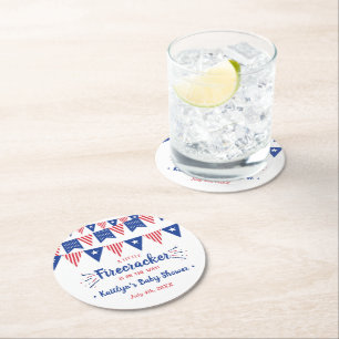 Firecracker On The Way! 4th Of July Baby Round Paper Coaster