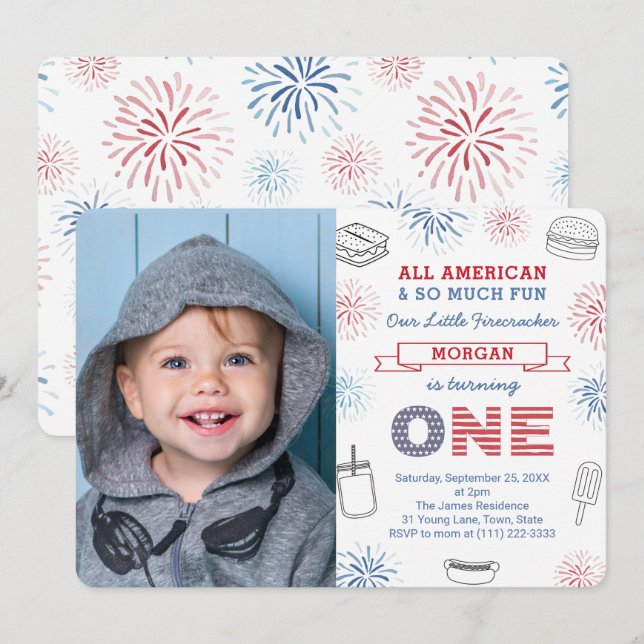 Firecracker Red White Blue 1st Birthday Party Invitation (Front/Back)