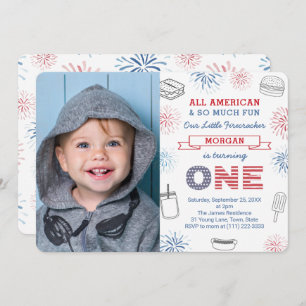 Firecracker Red White Blue 1st Birthday Party Invitation