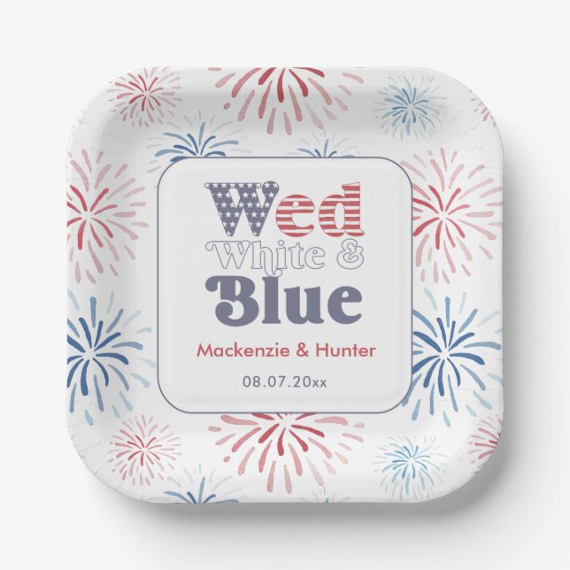 Firecracker Wed White Blue Backyard Wedding Shower Paper Plate (Front)