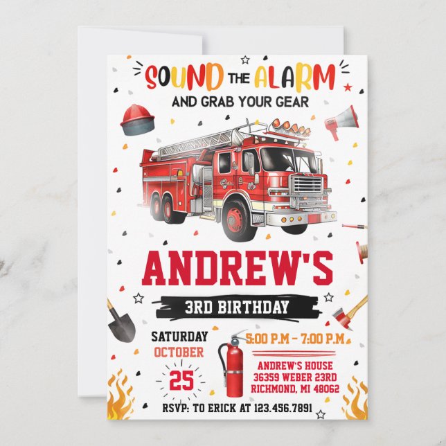 FireFigher truck Birthday with Custom image Invitation (Front)