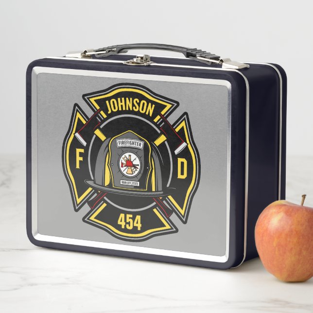 Firefighter ADD NAME Fire Department Rescue Team Metal Lunch Box (In Situ)