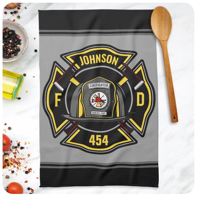 Firefighter ADD NAME Fire Department Rescue Team Tea Towel (Creator Uploaded)
