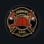 Firefighter ADD NAME Fire Station Department Badge<br><div class="desc">Firefighter NAME Fireman Fire Department - Emblem with Red Helmet and Axe. Customise with your Name,  Station/Dept Number and location.</div>