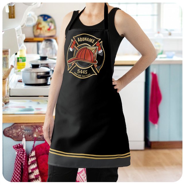 Firefighter ADD NAME Fire Station Department Badge Apron (Creator Uploaded)