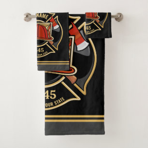 Firefighter ADD NAME Fire Station Department Badge Bath Towel Set