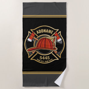 Firefighter ADD NAME Fire Station Department Badge Beach Towel