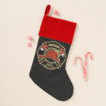 Firefighter ADD NAME Fire Station Department Badge Christmas Stocking<br><div class="desc">Firefighter NAME Fireman Fire Department - Emblem with Red Helmet and Axe. Customise with your Name,  Station/Dept Number and location.</div>