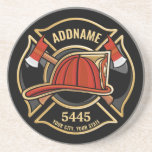 Firefighter ADD NAME Fire Station Department Badge Coaster<br><div class="desc">Firefighter NAME Fireman Fire Department - Emblem with Red Helmet and Axe. Customise with your Name,  Station/Dept Number and location.</div>