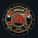 Firefighter ADD NAME Fire Station Department Badge Dartboard<br><div class="desc">Firefighter NAME Fireman Fire Department - Emblem with Red Helmet and Axe. Customise with your Name,  Station/Dept Number and location.</div>