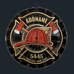 Firefighter ADD NAME Fire Station Department Badge Dartboard<br><div class="desc">Firefighter NAME Fireman Fire Department - Emblem with Red Helmet and Axe. Customise with your Name,  Station/Dept Number and location.</div>