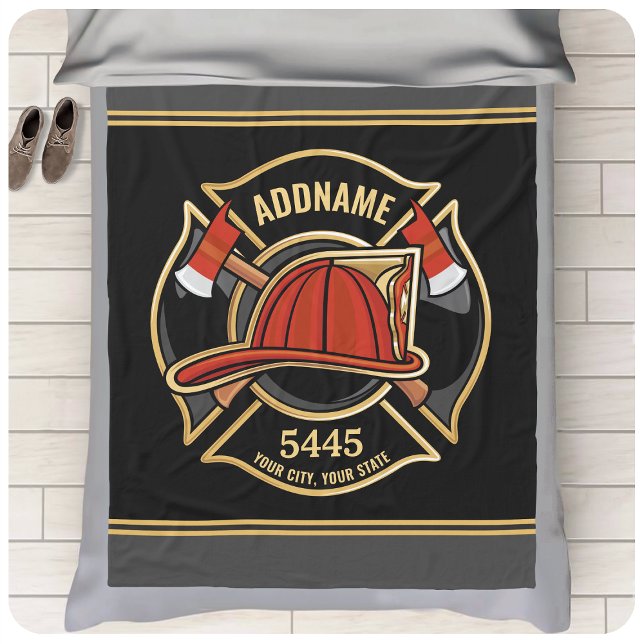 Firefighter ADD NAME Fire Station Department Badge Fleece Blanket (Creator Uploaded)