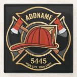 Firefighter ADD NAME Fire Station Department Badge Glass Coaster<br><div class="desc">Firefighter NAME Fireman Fire Department - Emblem with Red Helmet and Axe. Customise with your Name,  Station/Dept Number and location.</div>