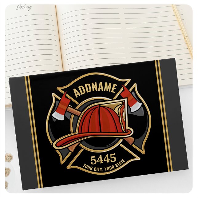Firefighter ADD NAME Fire Station Department Badge Guest Book (Creator Uploaded)