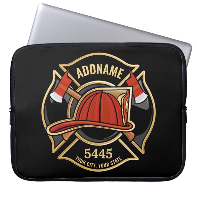 Firefighter ADD NAME Fire Station Department Badge Laptop Sleeve (Front)