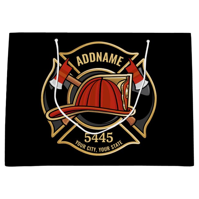 Firefighter ADD NAME Fire Station Department Badge Large Gift Bag (Front)
