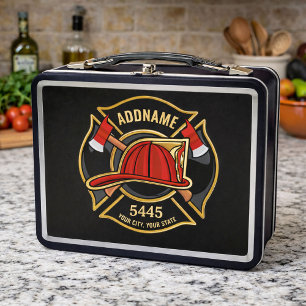 Firefighter ADD NAME Fire Station Department Badge Metal Lunch Box