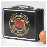 Firefighter ADD NAME Fire Station Department Badge Metal Lunch Box<br><div class="desc">Firefighter NAME Fireman Fire Department - Emblem with Red Helmet and Axe. Customise with your Name,  Station/Dept Number and location.</div>