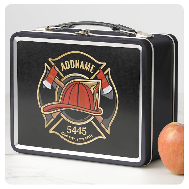 Firefighter ADD NAME Fire Station Department Badge Metal Lunch Box (Creator Uploaded)