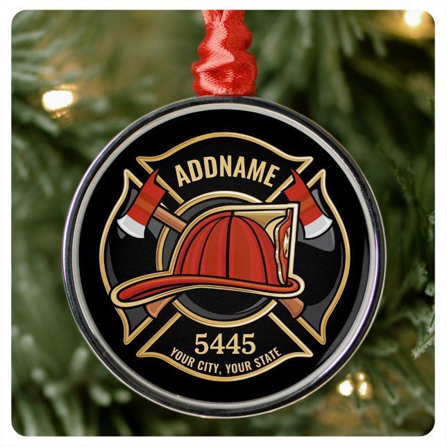 Firefighter ADD NAME Fire Station Department Badge Metal Ornament (Creator Uploaded)