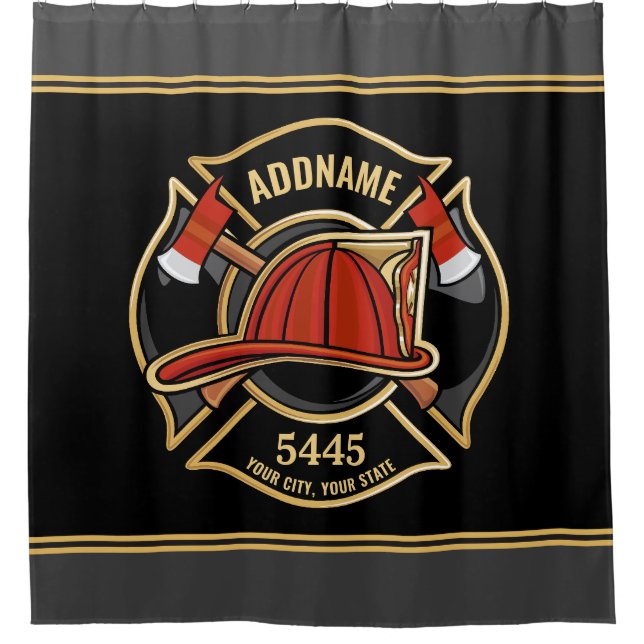 Firefighter ADD NAME Fire Station Department Badge Shower Curtain (Front)