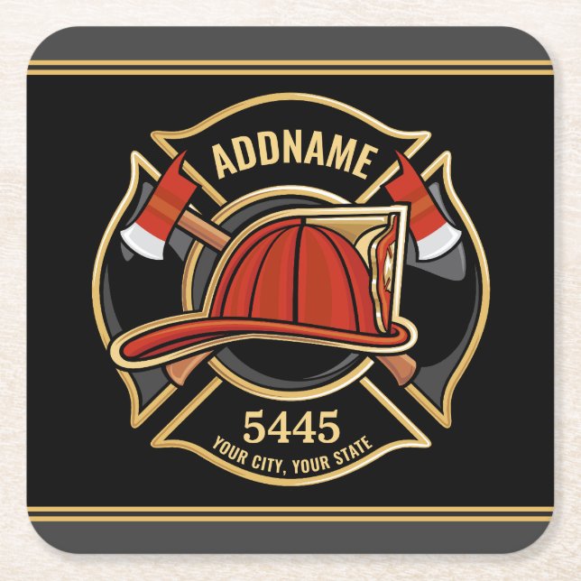 Firefighter ADD NAME Fire Station Department Badge Square Paper Coaster (Front)
