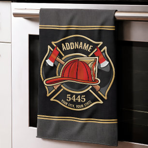 Firefighter ADD NAME Fire Station Department Badge Tea Towel