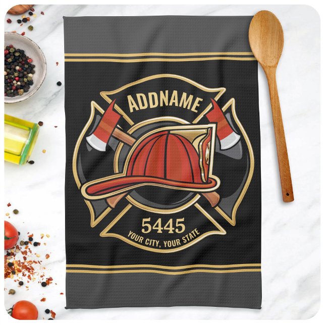 Firefighter ADD NAME Fire Station Department Badge Tea Towel (Creator Uploaded)