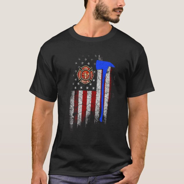 Firefighter American Flag Axe T Shirt Patriotic Da (Front)