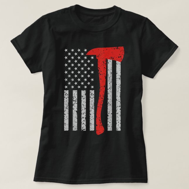 Firefighter American Flag Axe Thin Red Line Patrio T-Shirt (Design Front)