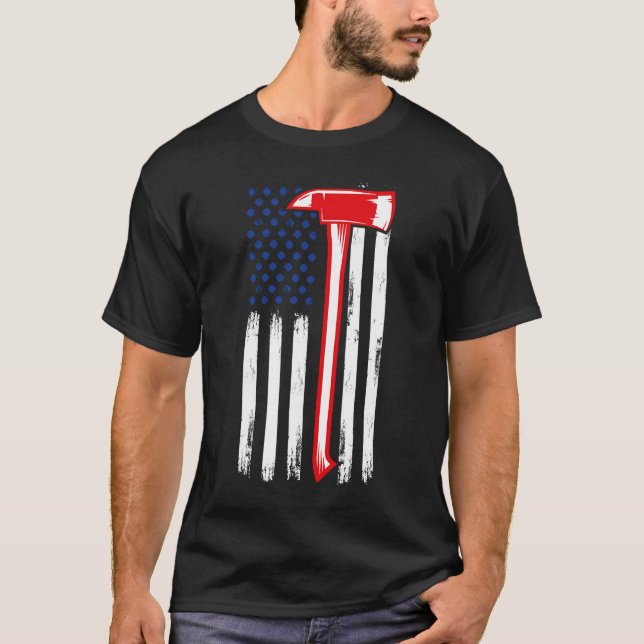 Firefighter American US flag red line Firefighter  T-Shirt (Front)