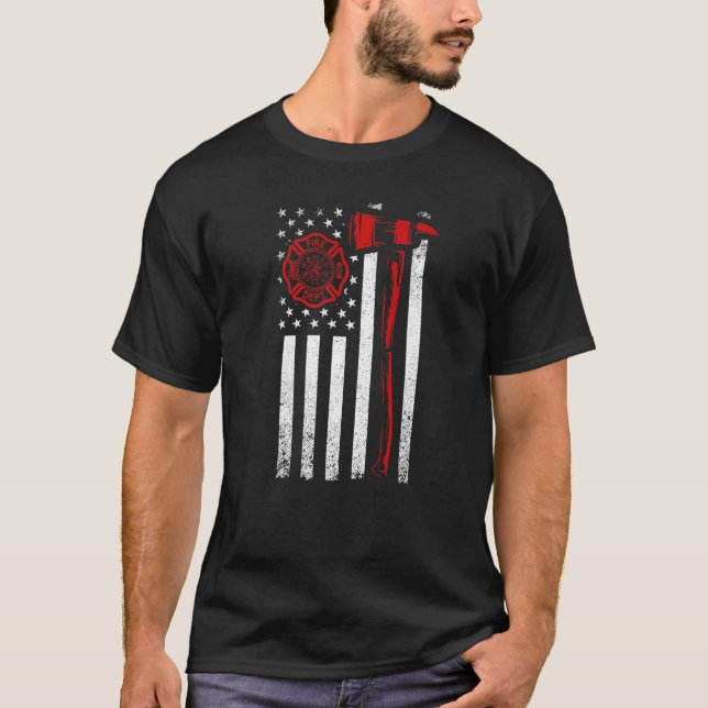 Firefighter Axe American Flag Red Line T-Shirt (Front)