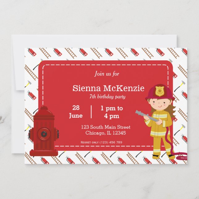 Firefighter birthday girl invitation (Front)