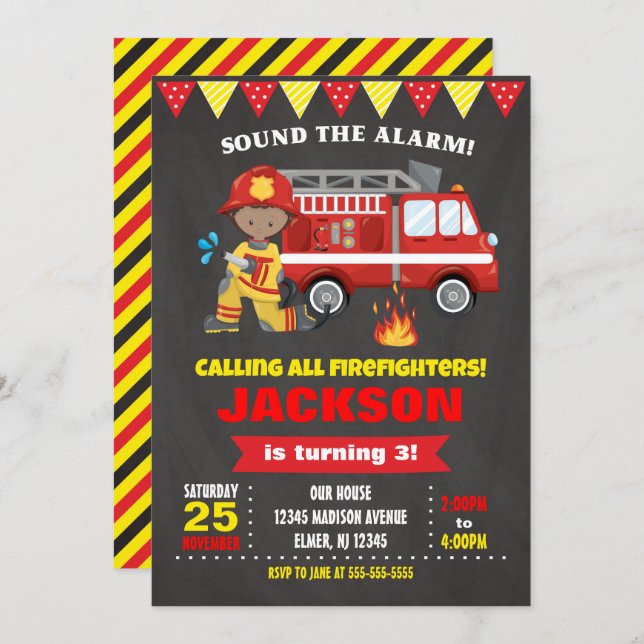 Firefighter Birthday Invitation Chalkboard (Front/Back)