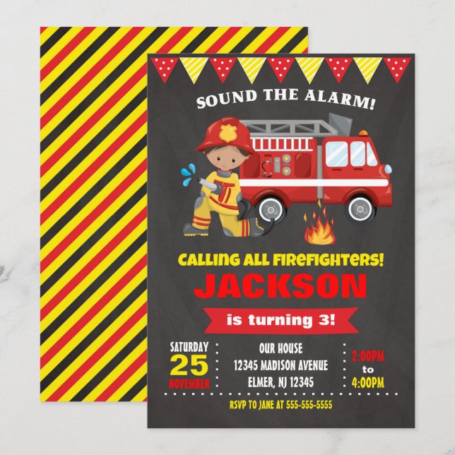 Firefighter Birthday Invitation Chalkboard (Front/Back)