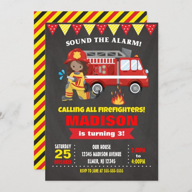 Firefighter Birthday Invitation Girl Chalkboard (Front/Back)