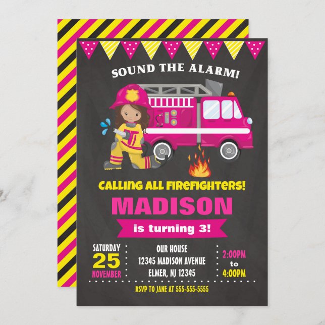 Firefighter Birthday Invitation Girl Pink (Front/Back)