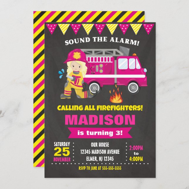 Firefighter Birthday Invitation Girl Pink (Front/Back)