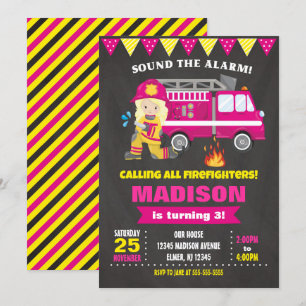 Firefighter Birthday Invitation Girl Pink