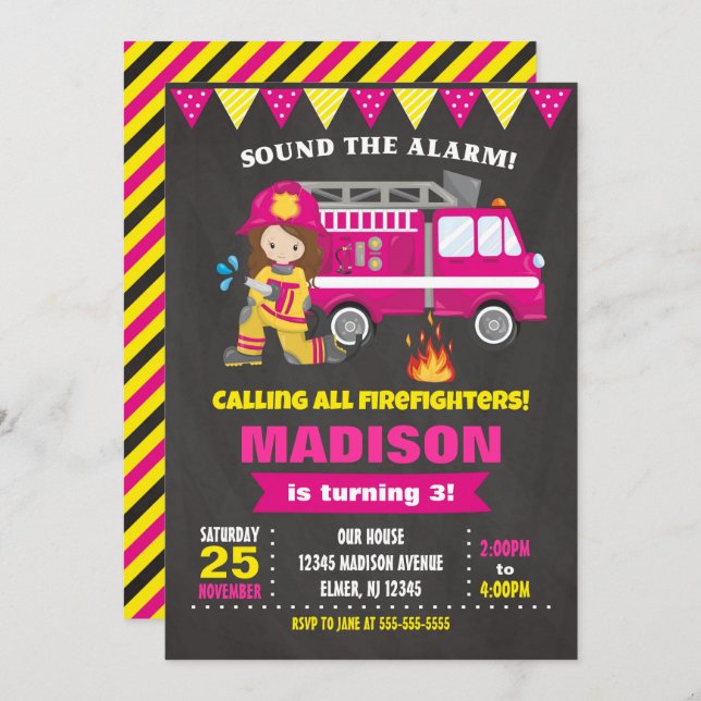 Firefighter Birthday Invitation Girl Pink (Front/Back)