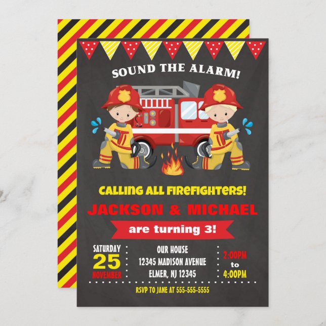Firefighter Birthday Invitation Joint Chalkboard (Front/Back)