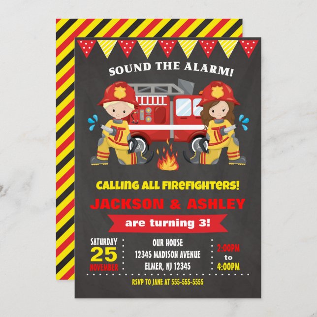 Firefighter Birthday Invitation Joint Girl Boy (Front/Back)