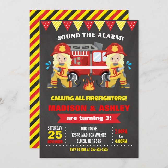 Firefighter Birthday Invitation Joint Girls Twins (Front/Back)
