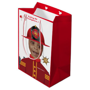 Firefighter Boys Face in Hole Photo Birthday Medium Gift Bag