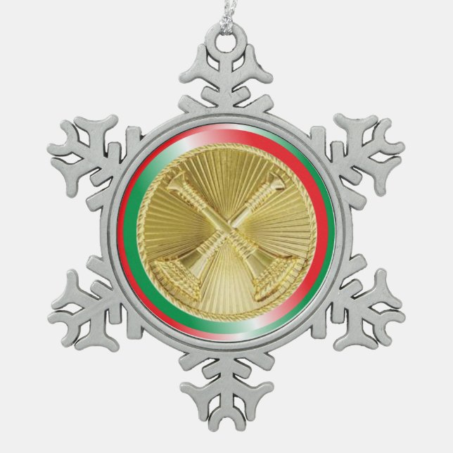 Firefighter Captain’s Gold Bugle Snowflake Pewter Christmas Ornament (Front)