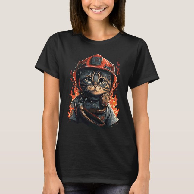 Firefighter Cat Kitten Fireman Helmet Firefighter  T-Shirt (Front)
