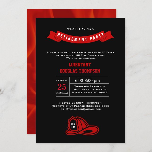   Firefighter Chalkboard Flame Retirement Party  Invitation (Front/Back)